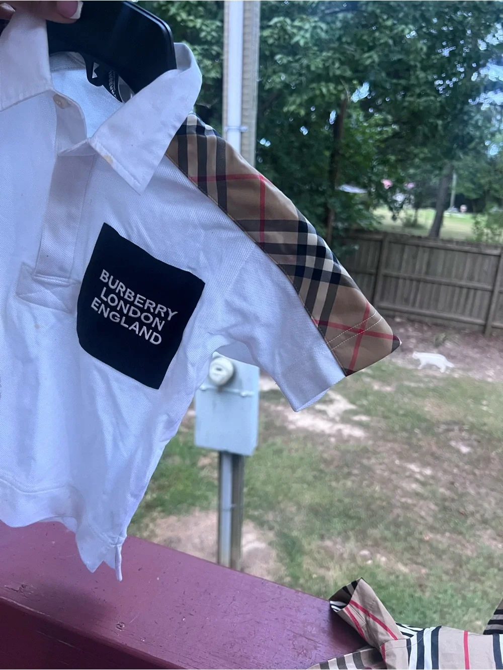Burberry Tan, Black & Red Striped Short Sleeve Shirt
